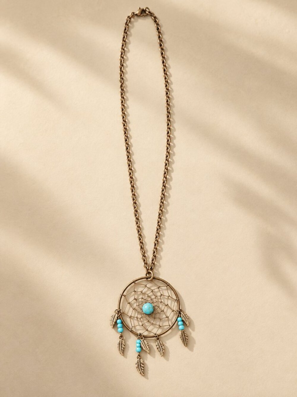Vintage Bronze Dreamcatcher Pendant Necklace Turquoise Feathers Festival Boho
